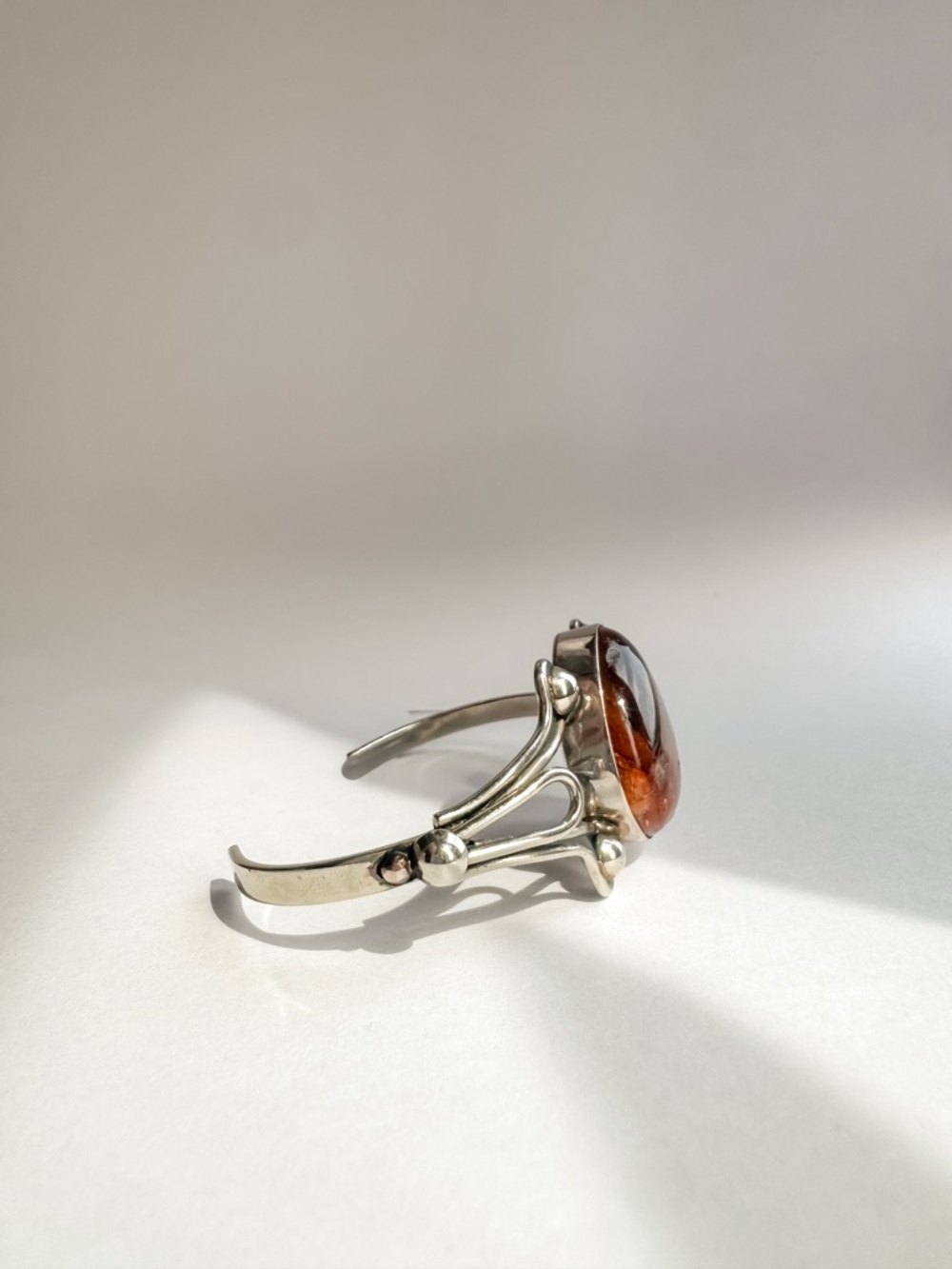 Vintage Silver Cuff Bracelet with Natural Oval Baltic Amber Stone Bezel Setting - Picture 2 of 8
